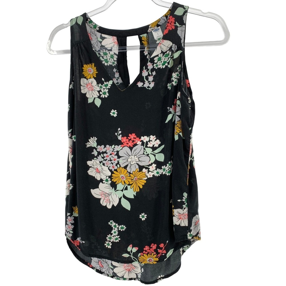Boho Floral Sleeveless Top Black V-Neck Flowy Lightweight Blouse Small
